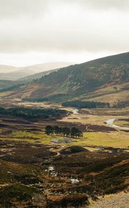 Preview wallpaper valley, hills, river, trees, grass, nature