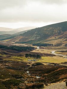 Preview wallpaper valley, hills, river, trees, grass, nature