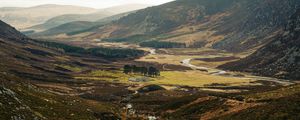 Preview wallpaper valley, hills, river, trees, grass, nature