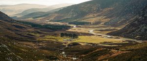 Preview wallpaper valley, hills, river, trees, grass, nature