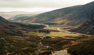 Preview wallpaper valley, hills, river, trees, grass, nature