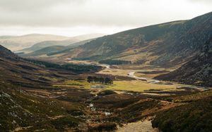 Preview wallpaper valley, hills, river, trees, grass, nature