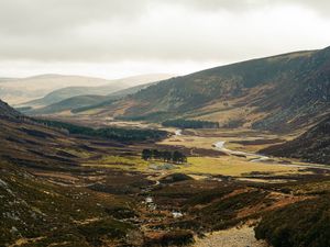 Preview wallpaper valley, hills, river, trees, grass, nature