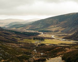 Preview wallpaper valley, hills, river, trees, grass, nature