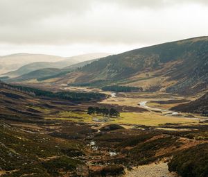 Preview wallpaper valley, hills, river, trees, grass, nature