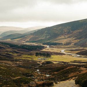 Preview wallpaper valley, hills, river, trees, grass, nature