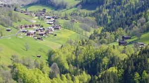 Preview wallpaper valley, hills, trees, houses, landscape