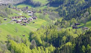 Preview wallpaper valley, hills, trees, houses, landscape