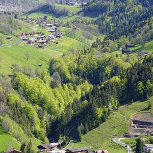 Preview wallpaper valley, hills, trees, houses, landscape