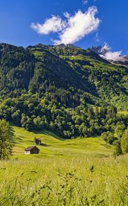 Preview wallpaper valley, house, mountain, trees