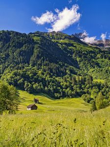 Preview wallpaper valley, house, mountain, trees