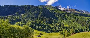 Preview wallpaper valley, house, mountain, trees