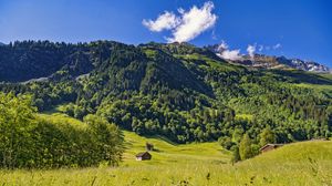 Preview wallpaper valley, house, mountain, trees