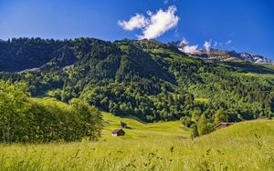 Preview wallpaper valley, house, mountain, trees