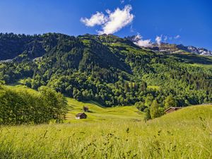 Preview wallpaper valley, house, mountain, trees