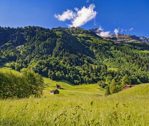 Preview wallpaper valley, house, mountain, trees