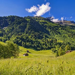 Preview wallpaper valley, house, mountain, trees