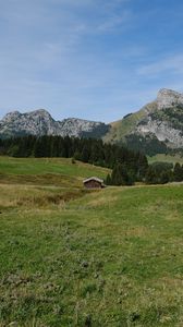 Preview wallpaper valley, house, mountains, landscape, nature