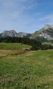 Preview wallpaper valley, house, mountains, landscape, nature