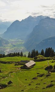 Preview wallpaper valley, house, mountains, landscape, view