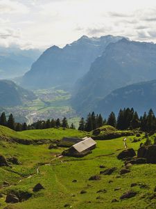 Preview wallpaper valley, house, mountains, landscape, view