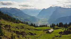 Preview wallpaper valley, house, mountains, landscape, view