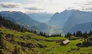 Preview wallpaper valley, house, mountains, landscape, view