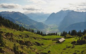 Preview wallpaper valley, house, mountains, landscape, view