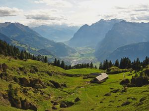 Preview wallpaper valley, house, mountains, landscape, view