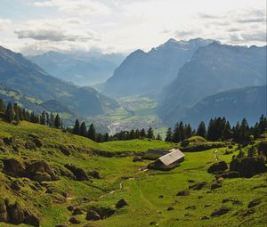 Preview wallpaper valley, house, mountains, landscape, view