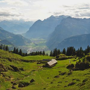 Preview wallpaper valley, house, mountains, landscape, view