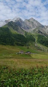 Preview wallpaper valley, house, mountains, grass, landscape