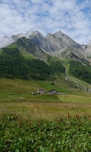 Preview wallpaper valley, house, mountains, grass, landscape