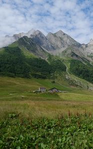 Preview wallpaper valley, house, mountains, grass, landscape