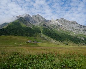 Preview wallpaper valley, house, mountains, grass, landscape