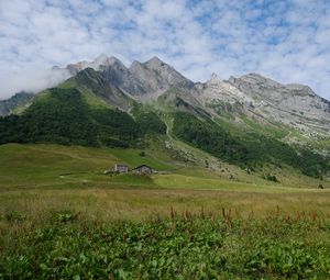 Preview wallpaper valley, house, mountains, grass, landscape