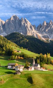 Preview wallpaper valley, houses, grass, mountains, landscape