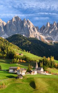 Preview wallpaper valley, houses, grass, mountains, landscape