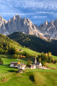 Preview wallpaper valley, houses, grass, mountains, landscape