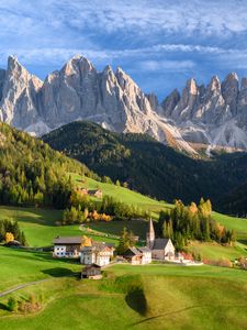 Preview wallpaper valley, houses, grass, mountains, landscape