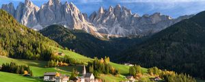 Preview wallpaper valley, houses, grass, mountains, landscape