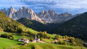 Preview wallpaper valley, houses, grass, mountains, landscape