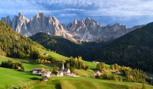 Preview wallpaper valley, houses, grass, mountains, landscape