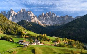 Preview wallpaper valley, houses, grass, mountains, landscape