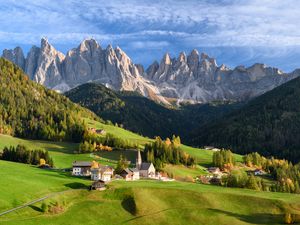 Preview wallpaper valley, houses, grass, mountains, landscape