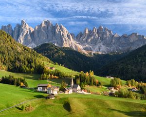 Preview wallpaper valley, houses, grass, mountains, landscape