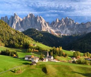 Preview wallpaper valley, houses, grass, mountains, landscape