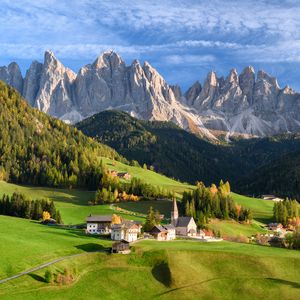 Preview wallpaper valley, houses, grass, mountains, landscape