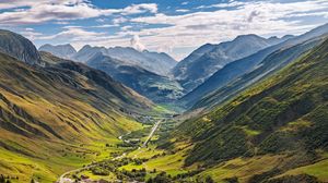 Preview wallpaper valley, houses, mountains, landscape, nature