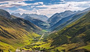 Preview wallpaper valley, houses, mountains, landscape, nature